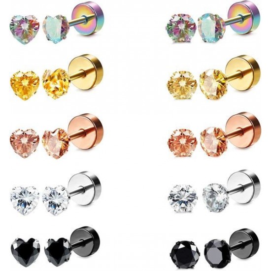10 Pairs Stainless CZ Stud Earrings For Women Men Tragus Helix Round Heart Cubic Zirconia Flat Back Screw Back 20G Ear Piercing Set 2MM-5MM 10 Pairs Stainless CZ Stud Earrings For Women Men Tragus Helix Round Heart Cubic Zirconia Flat Back Screw Back 20G Ear Piercing Set 2MM-5MM